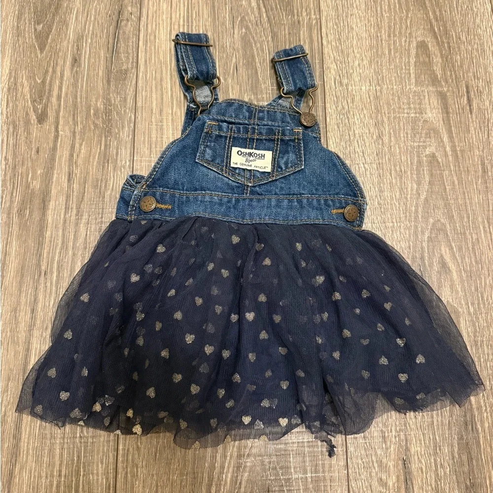 Oshkosh B'Gosh Overalls Dress Denim 6 Mo Tulle Mesh Glitter Hearts